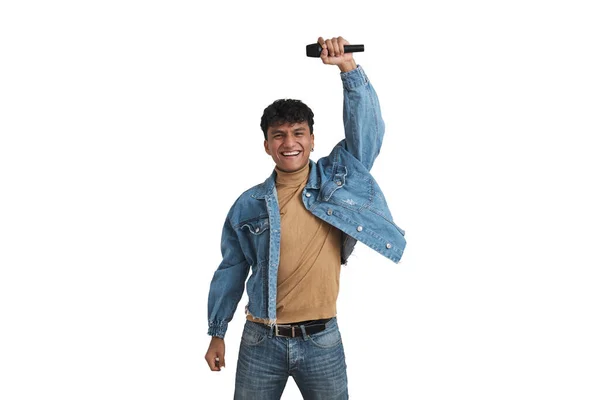 Young Peruvian Man Rising Hand Microphone Isolated White Background — Foto Stock