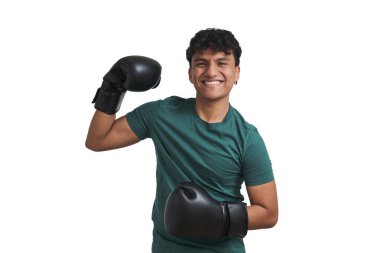 Young peruvian boxer smiling and doing strong pose. Isolated over white background.
