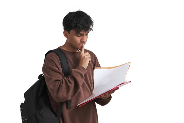 Young Peruvian Student Reviewing Class Notes Isolated White Background — Fotografia de Stock