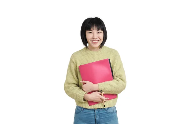 Young Asian Student Woman Laughing Looking Camera Wearing Winter Green — Stock Photo, Image