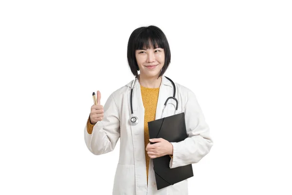 Young Asian Female Doctor Thumbs Isolated White Background — Zdjęcie stockowe