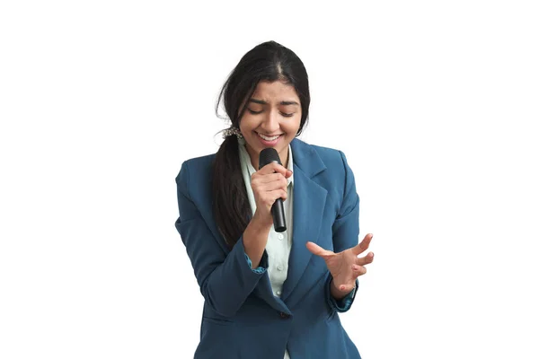 Young Venezuelan Woman Singing Microphone Isolated White Background — 스톡 사진