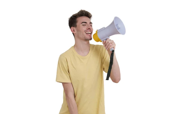 Young Caucasian Man Shouting Megaphone Isolated White Background — Stok fotoğraf