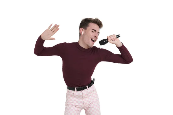 Young Caucasian Man Singing Microphone Isolated White Background — Stock Fotó