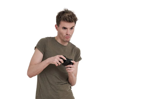 Young Caucasian Man Playing Video Games Joystick Isolated White Background — Foto Stock