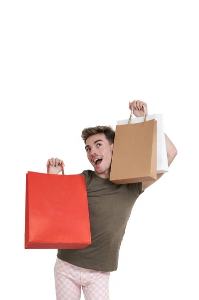 Young Caucasian Man Super Happy Holding Shopping Bags Isolated White — Fotografia de Stock