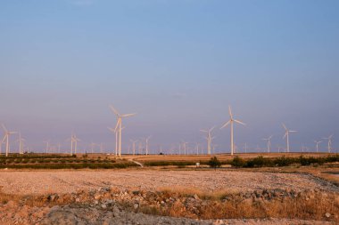 Wind turbines at the wind farm in Zaragoza, Spain. Alternative energy sources.