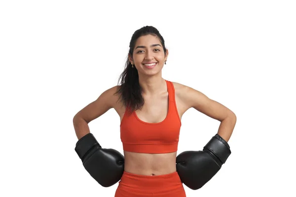 Young Venezuelan Woman Boxer Smiling Looking Camera Isolated White Background — Photo