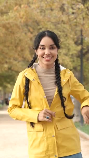 Young Latin Girl Dancing Bachata Dressed Yellow Raincoat Street Autumn — Stock Video