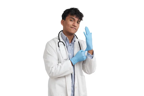 Young Peruvian Male Doctor Wearing Blue Gloves Isolated White Background — 스톡 사진