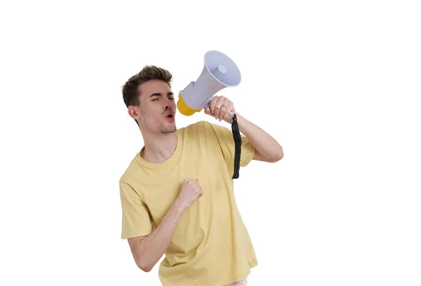 Young Caucasian Man Shouting Megaphone Isolated White Background — Stock Fotó