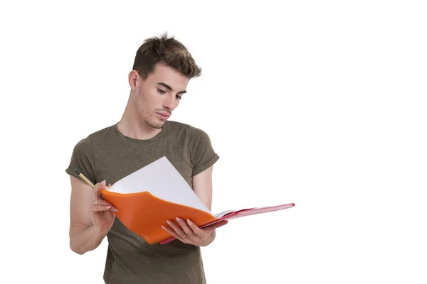 Young Caucasian Student Reading Notes Folder Isolated White Background — 스톡 사진