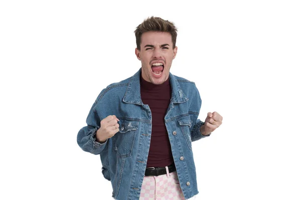 Young Caucasian Man Angrily Shouting Isolated White Background — Stock Fotó