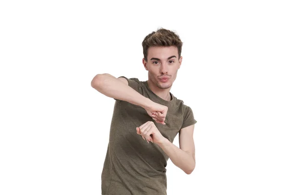 Young Caucasian Man Dancing Isolated White Background — Stok fotoğraf