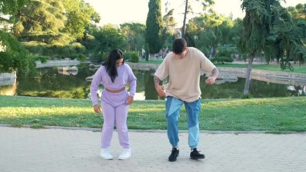 Dos Jóvenes Amigos Latinos Practicando Una Coreografía Riéndose Calle Parque — Vídeo de stock