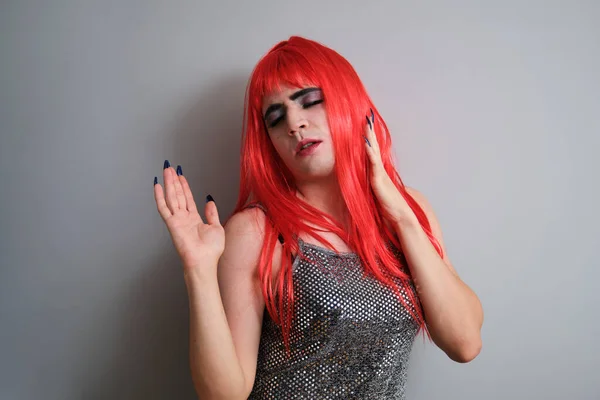 Portrait Gender Fluid Male Wearing Red Wig Dancing Grey Background — Stockfoto