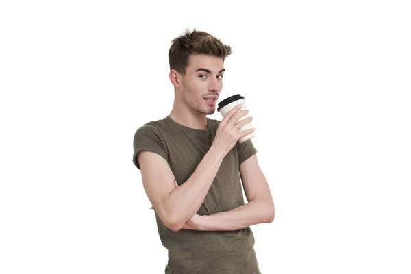 Joven Hombre Caucásico Sonriendo Con Una Taza Café Aislado Sobre — Foto de Stock