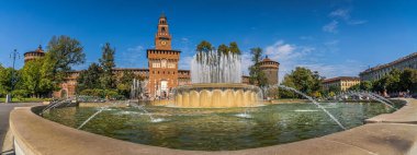 Panoramic view of Castello Sforzesco Sforza Castle square in Milan, Italy.