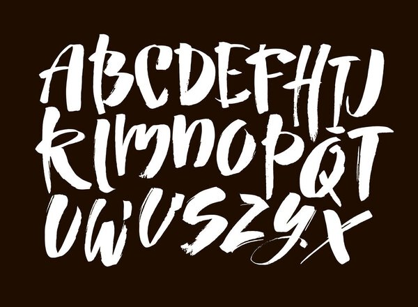 Векторная акриловая кисть в стиле кисти, нарисованная алфавитным шрифтом. Алфавит каллиграфии на чёрном фоне. Чернильная ручная надпись.