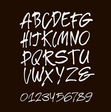 Vektör Akrilik Fırça Biçimli El Çizimi Alfabe Yazıtipi. Kaligrafi alfabesi ve siyah arkaplanda numaralar. Mürekkep el yazısı..