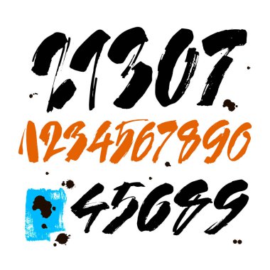 Kaligrafik akrilik ya da mürekkep numaralarının vektör kümesi. Tasarımınız için ABC, beyaz arkaplanda fırça harfleri