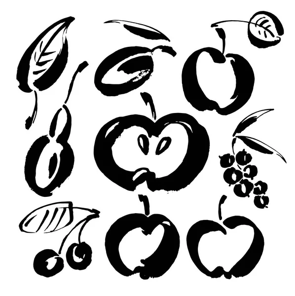 Fruits Vector Sketch Icon Isolated Background Set Hand Drawn Ink — стоковый вектор