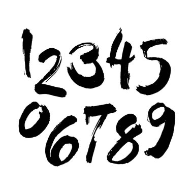 Kaligrafik akrilik ya da mürekkep numaralarının vektör kümesi. Tasarımınız için ABC, beyaz arkaplanda fırça harfleri