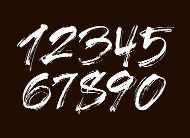 Kaligrafik akrilik ya da mürekkep numaralarının vektör kümesi. Tasarımınız için ABC, siyah arkaplandaki fırça harfleri