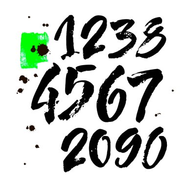 Kaligrafik akrilik ya da mürekkep numaralarının vektör kümesi. Tasarımınız için ABC, beyaz arkaplanda fırça harfleri