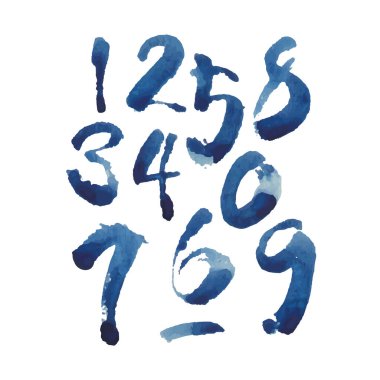 vektör kümesi kaligrafik mavi suluboya ya da mürekkep numaraları. Tasarımınız için ABC, beyaz arkaplanda fırça harfleri