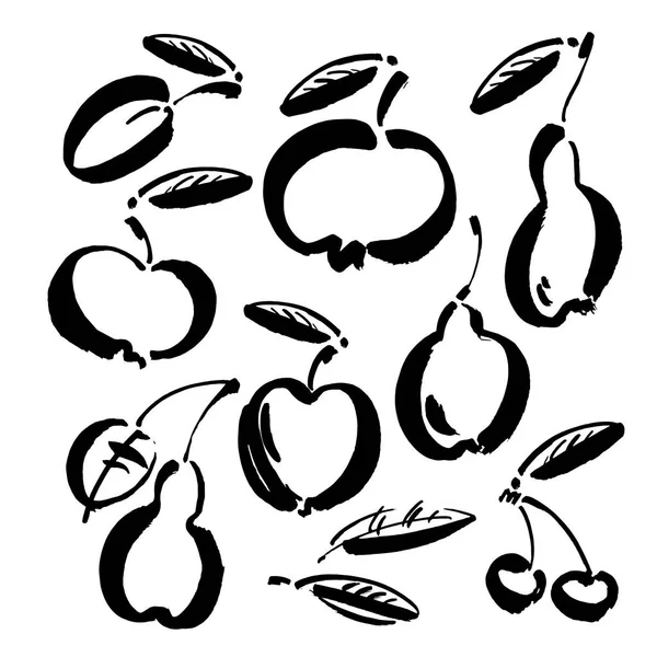 Fruits Vector Sketch Icon Isolated Background Set Hand Drawn Ink — Stockvektor