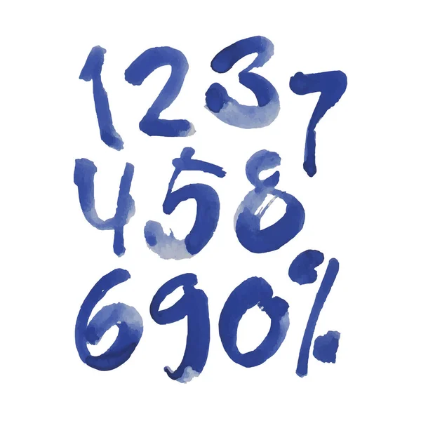 Conjunto Vetorial Aquarela Azul Caligráfica Números Tinta Abc Para Seu — Vetor de Stock