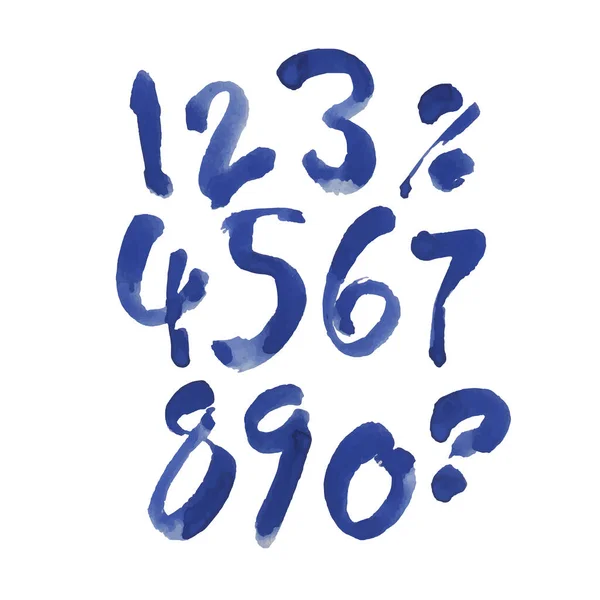 Vector Set Calligraphic Blue Watercolor Ink Numbers Abc Your Design — 스톡 벡터