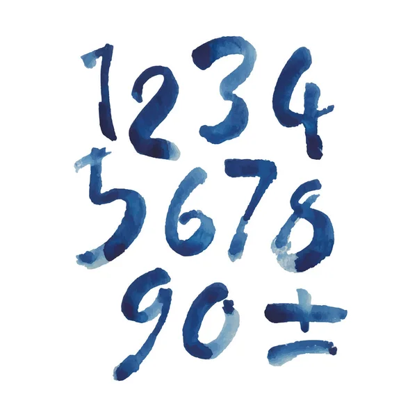Jeu Vectoriel Aquarelle Numéros Encre Bleu Calligraphique Abc Pour Votre — Image vectorielle