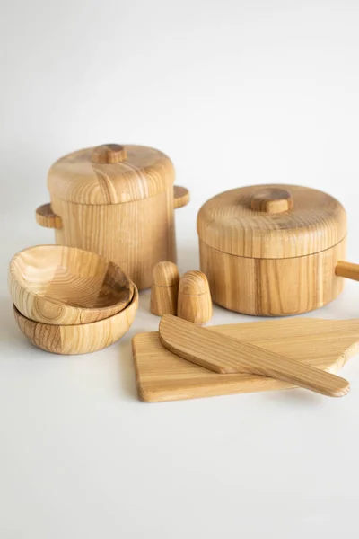 Set of childrens wooden eco food. Educational game for girls and boys made from plastic free materials — ストック写真