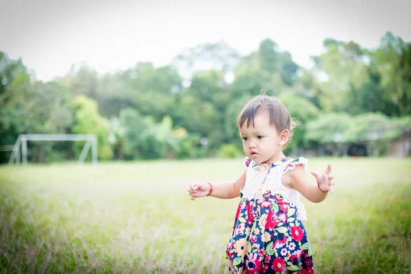 Close Little Girl Asian Happiness Running Lawn Year Old — Stock Photo, Image