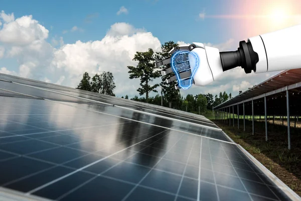 Creative concept with 3D rendering robot holding a light bulb above the solar panel.