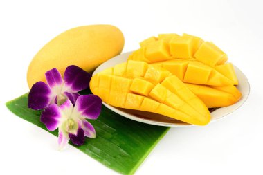 mango and sticky rice,Thai style tropical dessert on white background