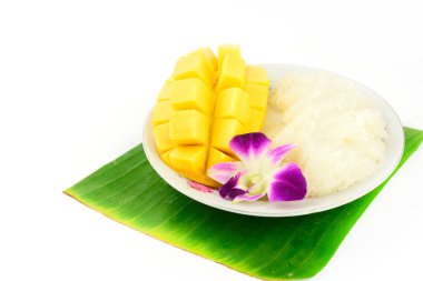 mango and sticky rice,Thai style tropical dessert on white background