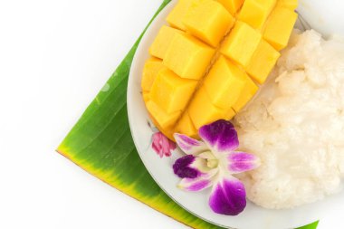 mango and sticky rice,Thai style tropical dessert on white background