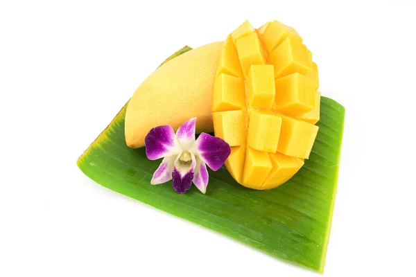 Mango Sticky Rice Thai Style Tropical Dessert White Background — Stok Foto