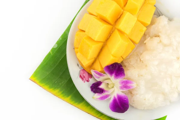 Mango Sticky Rice Thai Style Tropical Dessert White Background — Stock Photo, Image