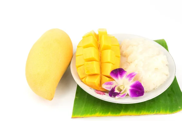 Mango Sticky Rice Thai Style Tropical Dessert White Background — Stok Foto