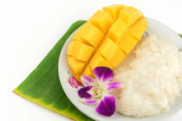 Mango Sticky Rice Thai Style Tropical Dessert White Background — Stock Photo, Image