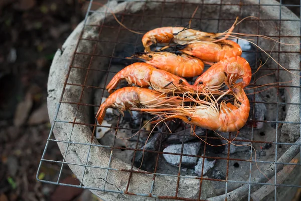 Crevettes Grillées Barbecue Fruits Mer Sur Poêle Nourriture Plein Air — Photo