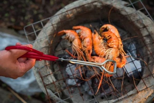 Shrimp Grilled Bbq Seafood Stove Outdoor Food Grilled Shrimp Charcoal — Stock Photo, Image