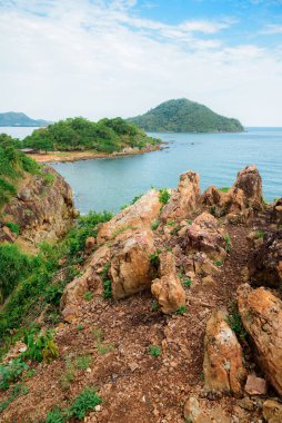 Dağdan gelen deniz, güzel manzara mavi gökyüzü, sarmallar ve dağ..