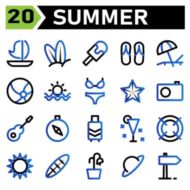 Summer icon set include sailing, boat, summer, ship, transport, holiday, surfer, beach, board, ice cream, journey, travel, slippers, sunbed, vacation, umbrella, ball, sport, sunset, bikini, sexy