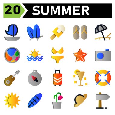 Summer icon set include sailing, boat, summer, ship, transport, holiday, surfer, beach, board, ice cream, journey, travel, slippers, sunbed, vacation, umbrella, ball, sport, sunset, bikini, sexy