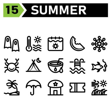 Summer icon set include flippers, swim fish, summer, vacation, diving, temperature, hot, sun, weather, calendar, date, holiday, watermelon, fruit, journey, food, sail, navigation, wheel,direction,crab